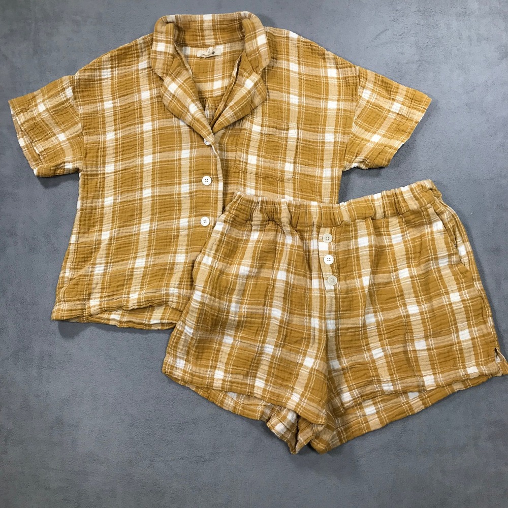 Madewell Pajama Set Womens L Yellow Plaid Gauze Double Gauze Cotton NK229